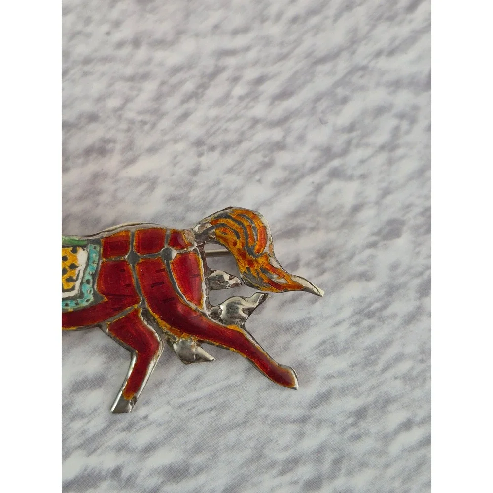 Vintage Siam Sterling Silver Enamel Horse Brooch Equestrian Pin Red Multi